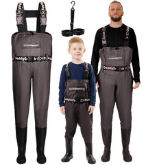 DaddyGoFish chest waders family wear show coordinated gear for bonding during lakeside fishing adventures