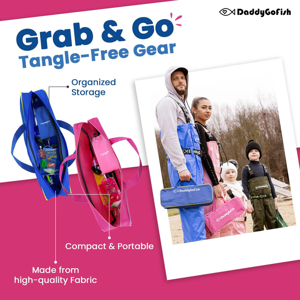 DaddyGoFish covered reel and bait net minimize tangles and enable on-site baiting.