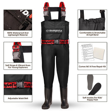 DaddyGoFish kids and adults all-in-one waders enable coordinated family outings.