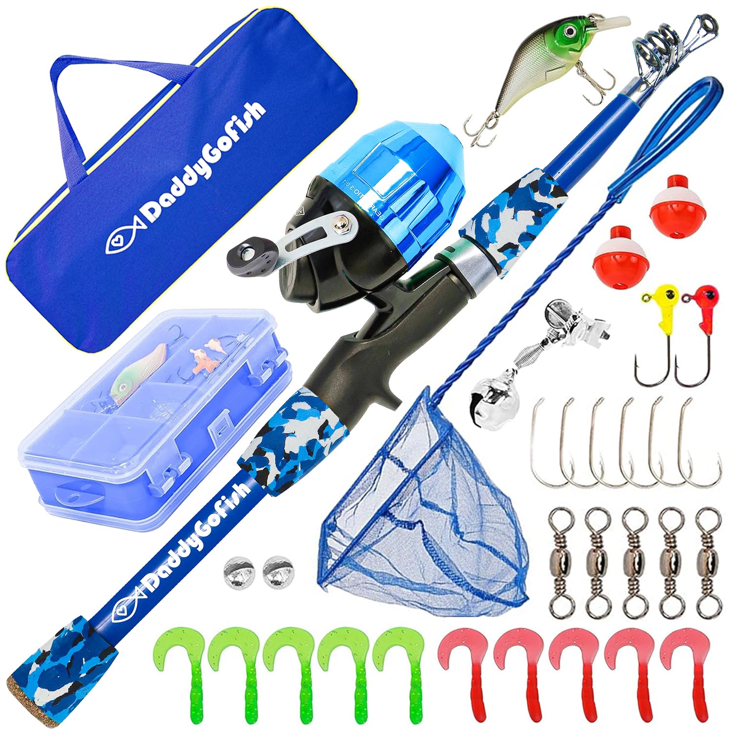 DaddyGoFish kids fishing pole rod blue 5ft easy-start beginner rod for young anglers