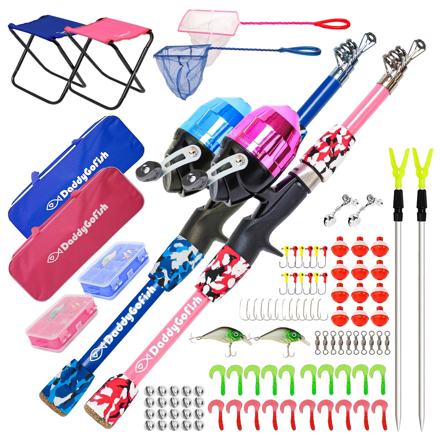 DaddyGoFish kids fishing pole rod and reel combo ready for beginner-friendly outdoor adventures.