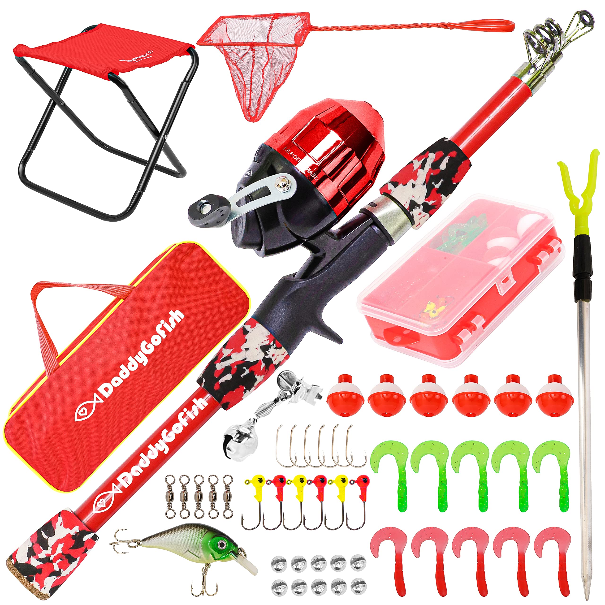 DaddyGoFish kids fishing pole with rod-reel combo ready for outdoor adventures and discovery.