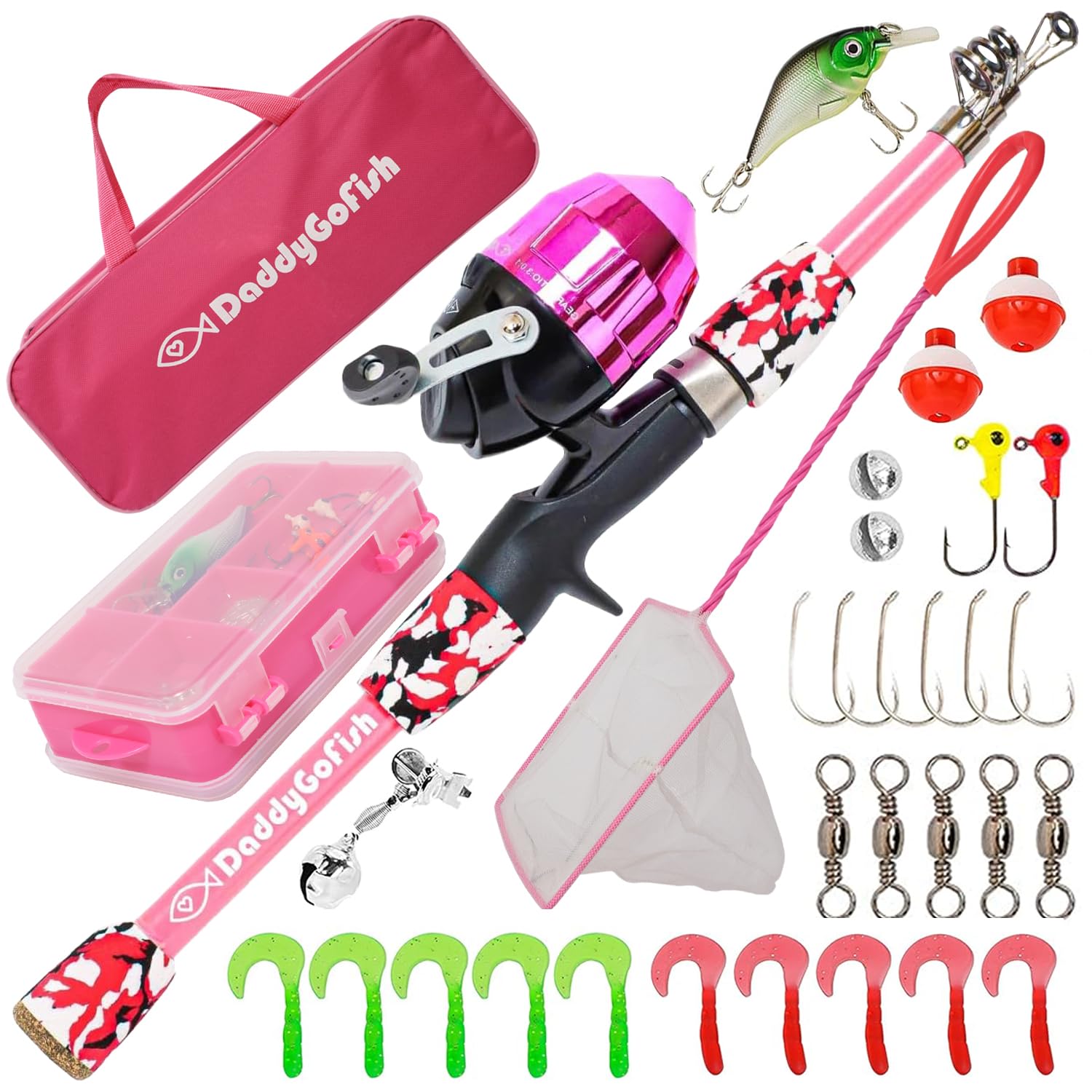 DaddyGoFish kids fishing pole and reel combo, beginner-friendly for first outdoor fishing adventures.