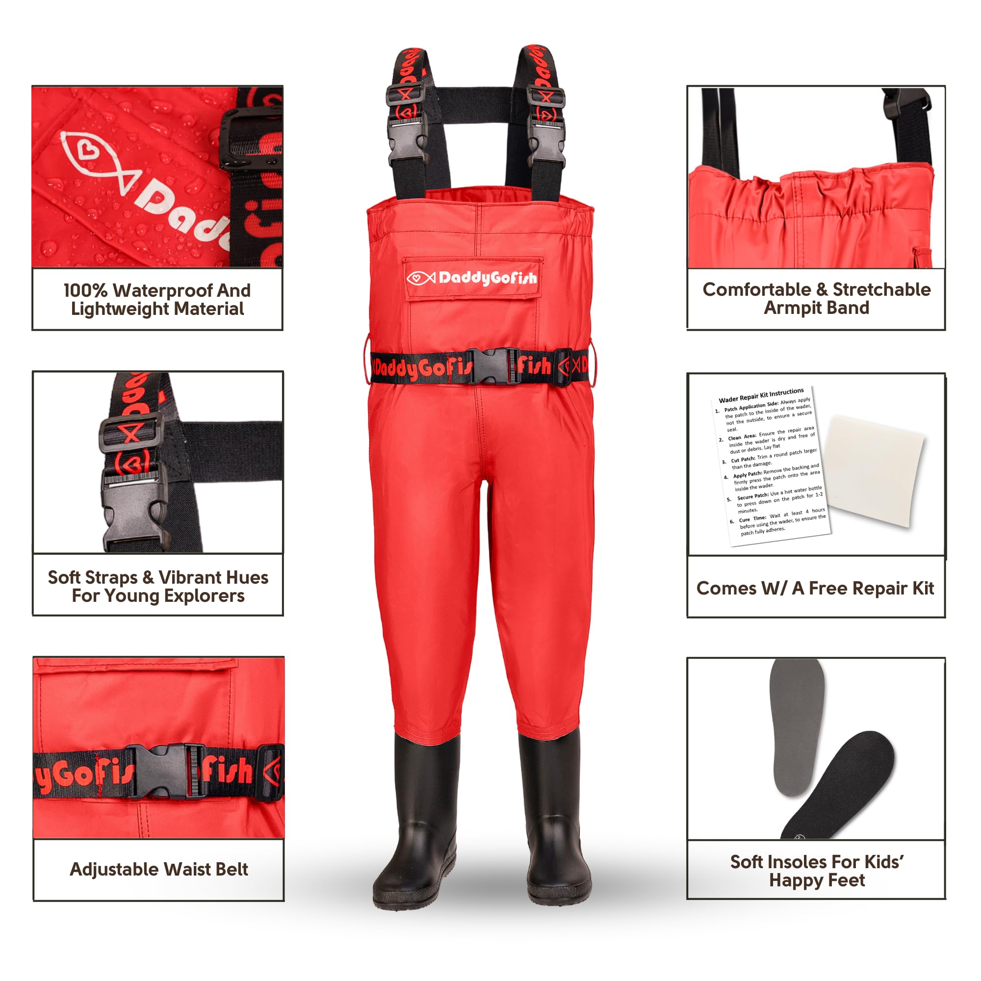 DaddyGoFish kids-waders-adjustable-fit highlights grow-with-you design for growing kids outdoors.