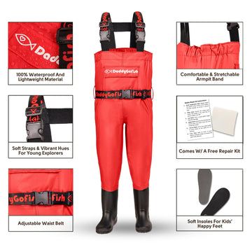 DaddyGoFish kids-waders-adjustable-fit highlights grow-with-you design for growing kids outdoors.