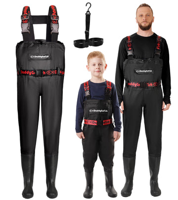 DaddyGoFish matching family waders for coordinated outdoor bonding during fishing