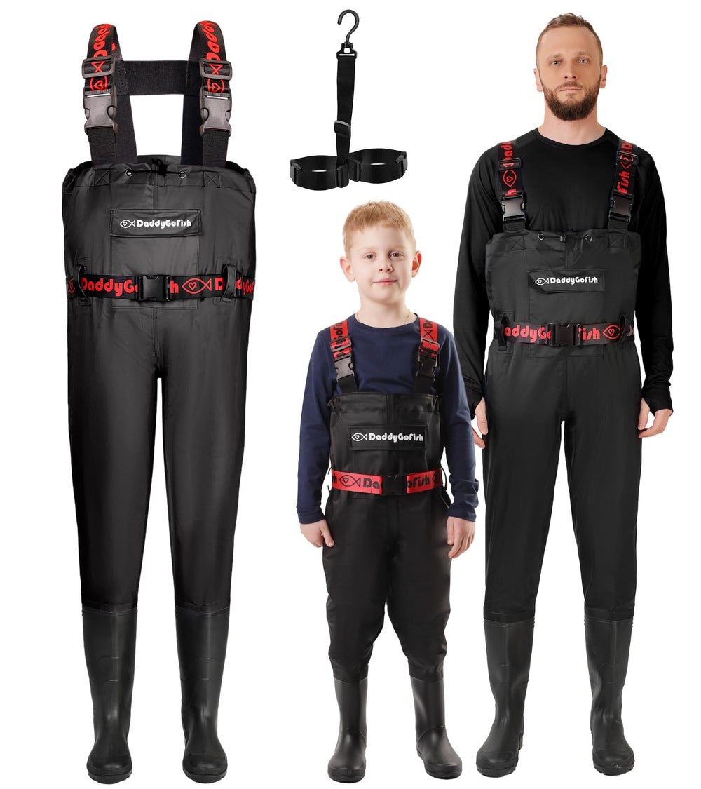 DaddyGoFish matching family waders for coordinated outdoor bonding during fishing