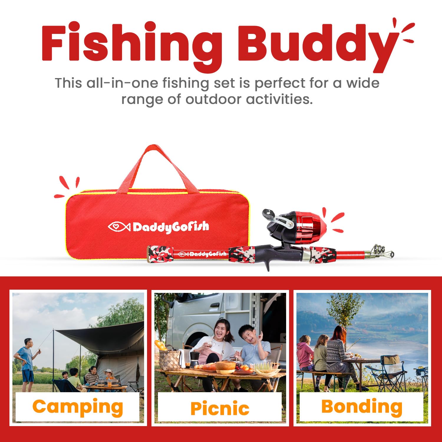 DaddyGoFish loaded tackle box shows a variety of lures and hooks.