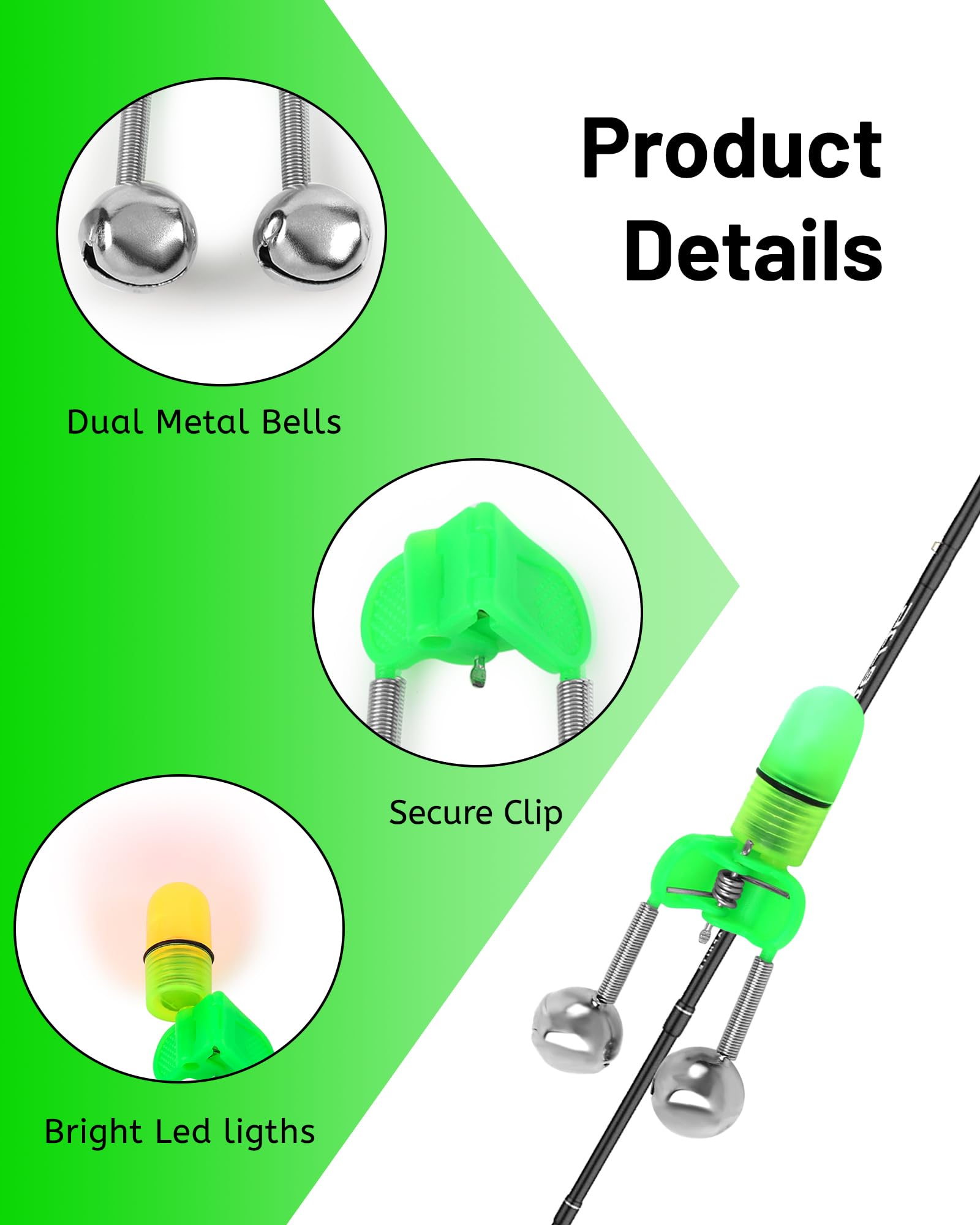 Close-up of ultra-sensitive fishing rod alarm bells with clip