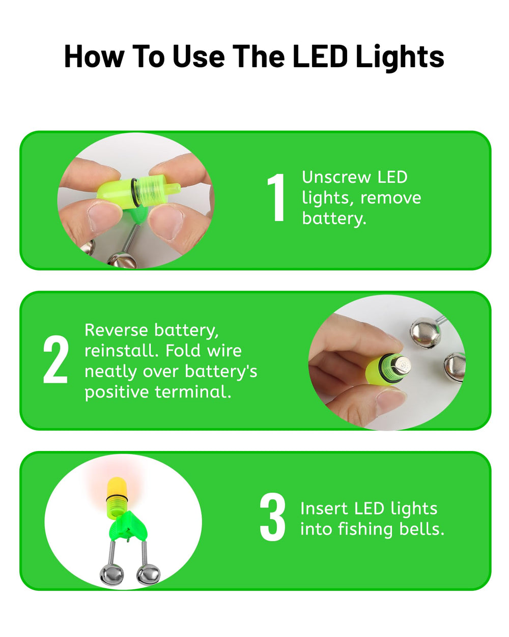 Pack of 20 alarm bells and 20 LED lights for fishing rods