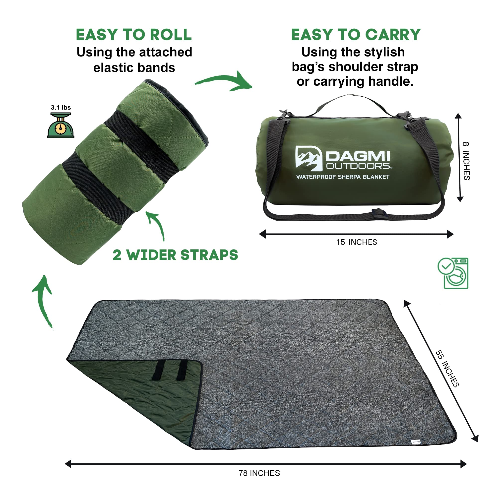 Dagmi Outdoors Sherpa warmth-side image emphasizes extra warmth ideal for cold stadiums and picnics