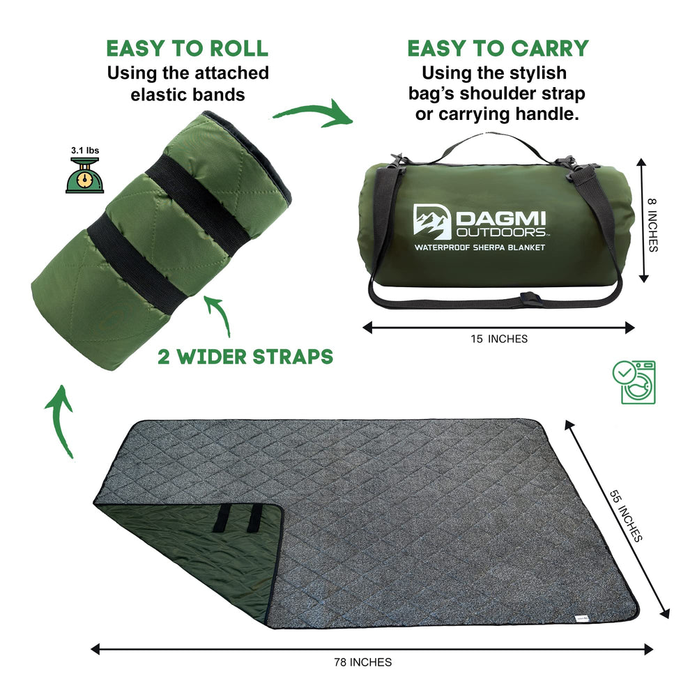 Dagmi Outdoors Sherpa warmth-side image emphasizes extra warmth ideal for cold stadiums and picnics
