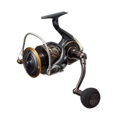 Daiwa 22CALDIA SW 10000-P body closeup shows rugged metal monocock design for saltwater durability.