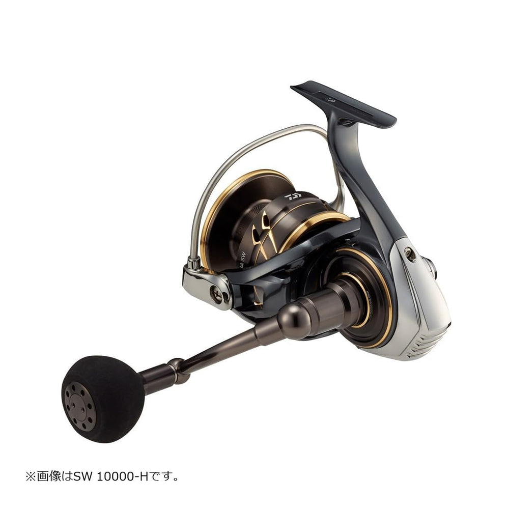 Daiwa 22CALDIA SW 10000-P gear near handle shows 4.9 gear ratio for quick retrieves.