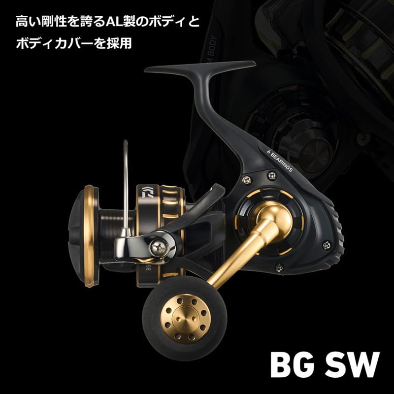 Daiwa 23BG SW 6000D-H handle closeup shows 65 mm grip for control