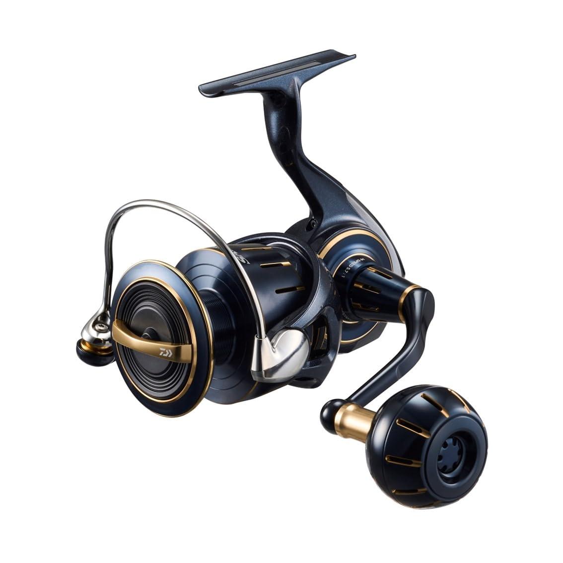 Daiwa 6000-P Saltiga outer-shell shows rugged metal body for reliable saltwater performance.
