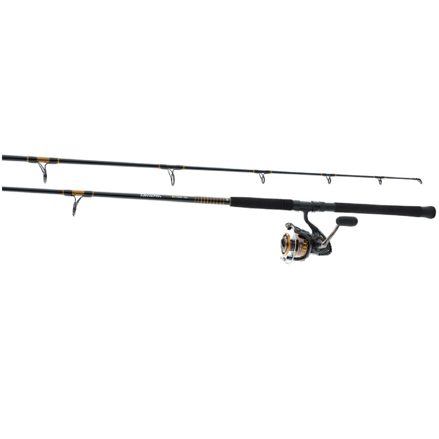 Daiwa BG4000/802M saltwater spinning combo shows rugged aluminum reel for durable coastal fishing