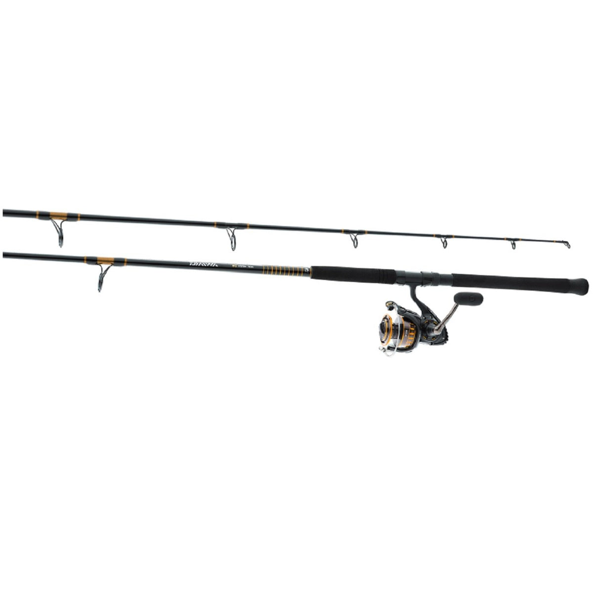 Daiwa BG4000/802M saltwater spinning combo shows rugged aluminum reel for durable coastal fishing