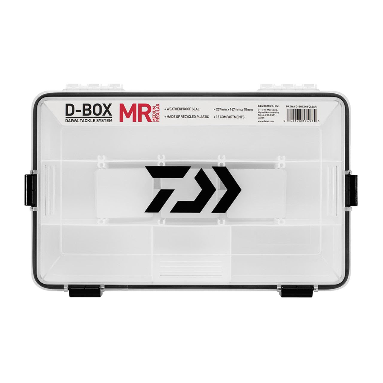 Daiwa D-Box Feeder Case 3600 Regular, front view shows organized gear for quick fishing prep
