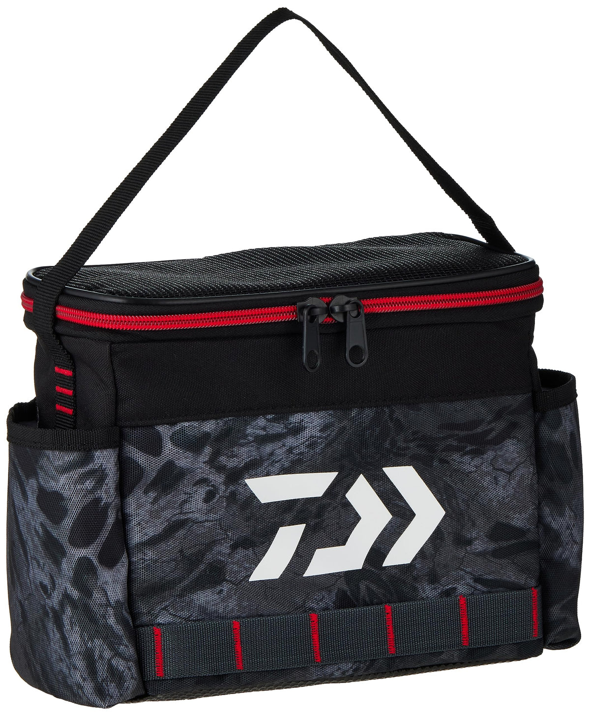 Daiwa D-VEC Jig Tote Bag front view showing organized lure storage for easy access
