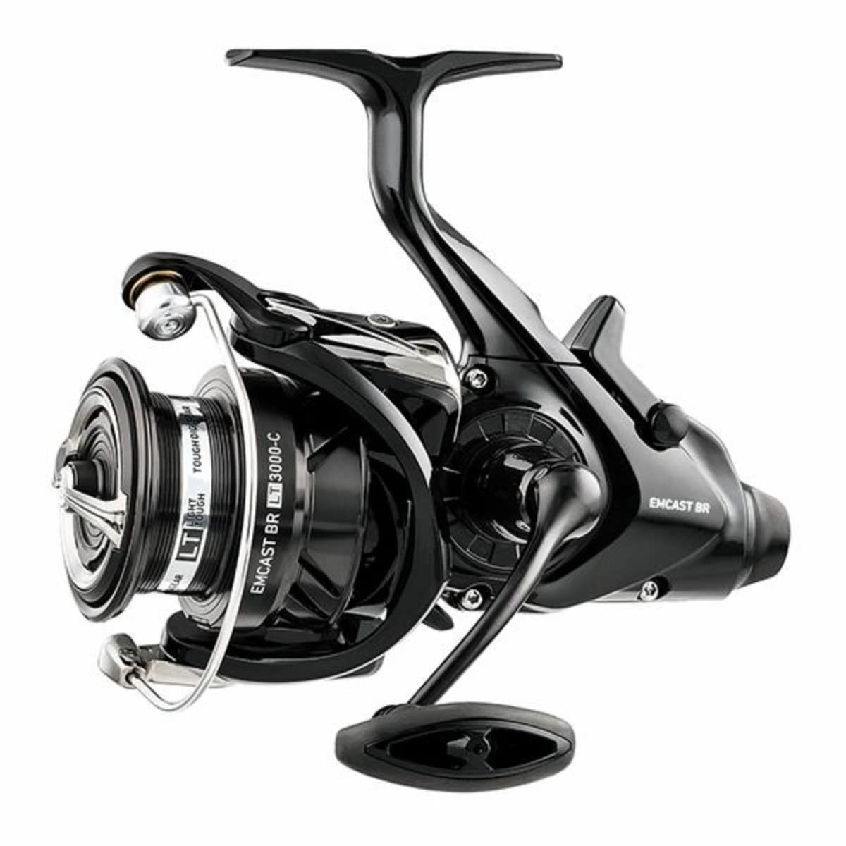 Daiwa EMCAST Bite N’ Run spinning reel front view with carbon light body and balanced feel.