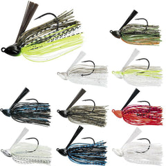 Daiwa Evergreen GR Bhite Delight swim jig enhances bottom-hugging action and lure visibility.