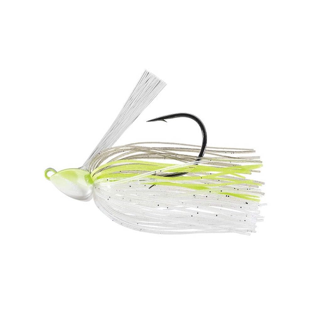 Daiwa Evergreen GR 14-19 swim jig close-up highlights chartreuse shad for realistic action.