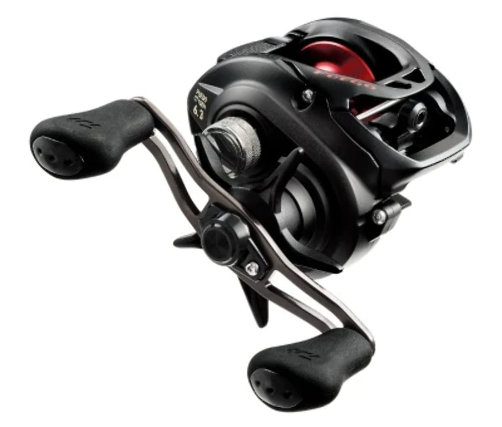 Daiwa Fuego baitcasting reel front view highlights compact, low-profile design for precise casts.