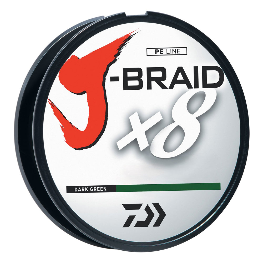 Daiwa J-Braid spool in dark green for smooth casting and high-sensitivity fishing.