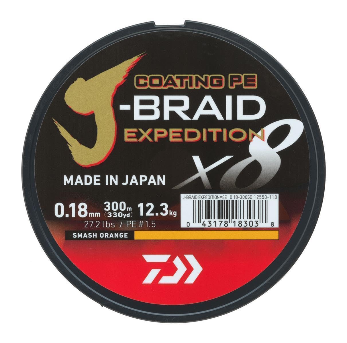 Daiwa J-Braid Expedition X8E 330yd spool highlighting length and consistent round profile for long casts.