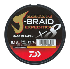 Daiwa J-Braid Expedition X8E 330yd spool highlighting length and consistent round profile for long casts.