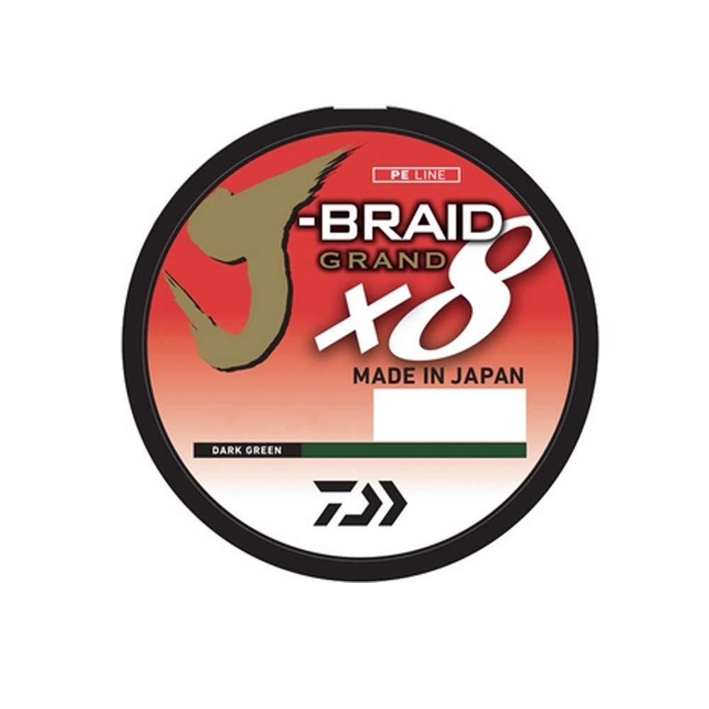 Daiwa J-Braid X8 Grand in dark green, 150yds, 40lb test for smooth casting and abrasion resistance.
