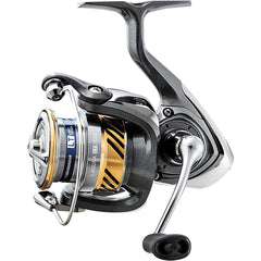 Daiwa Laguna LT Spinning reel front view showcases compact carbon body for easy handling.