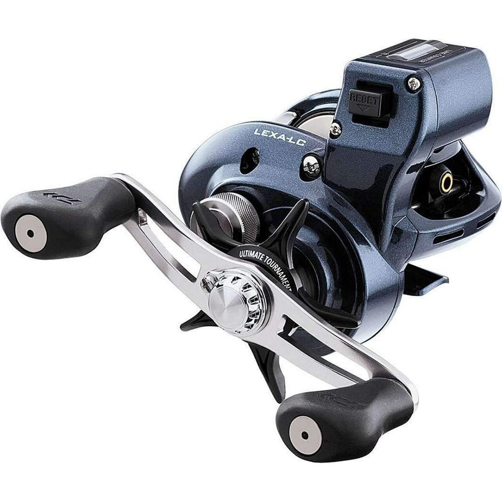 Daiwa Lexa line-counter reel front view highlighting compact aluminum frame for steady trolling
