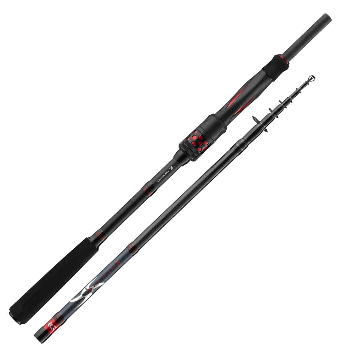 Daiwa Ninja X-Compact Spin 769M travel-ready rod for easy backpack transport.