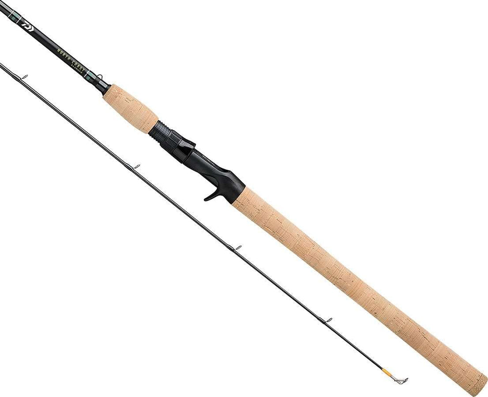 Daiwa North Coast NC962MFB casting rod with fluorescent orange tip enhances bite detection.