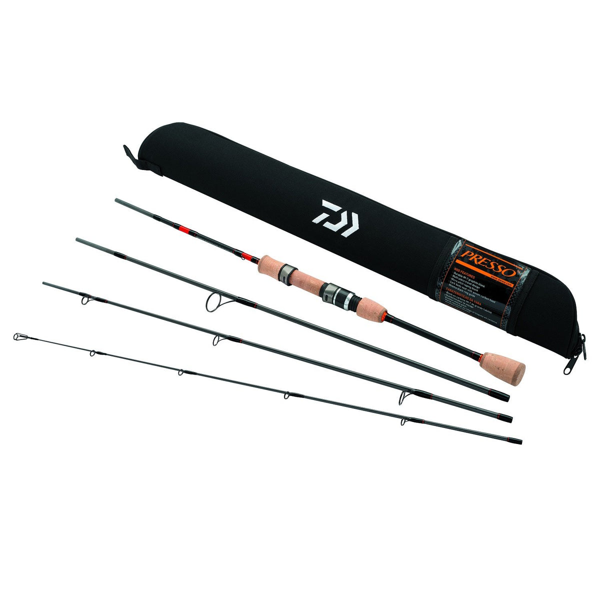 Daiwa Presso ultralight pack rod, compact travel-friendly design for backcountry trout fishing.
