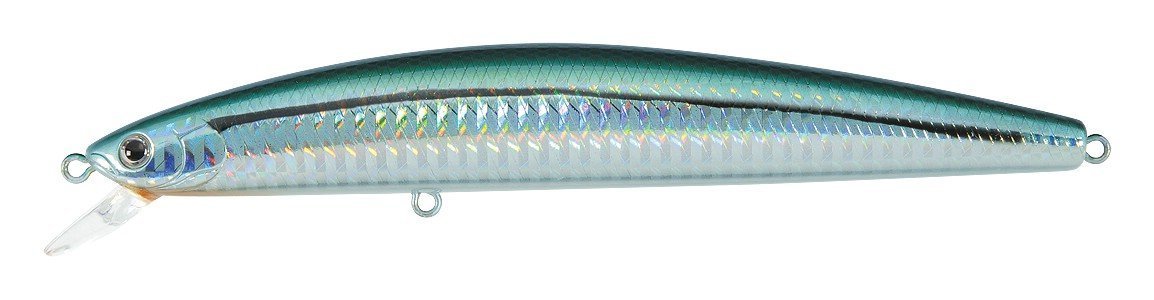 Daiwa Salt Pro Minnow DSPM15S13 Laser Green Shiner side view, ideal for long casts and predator attraction.