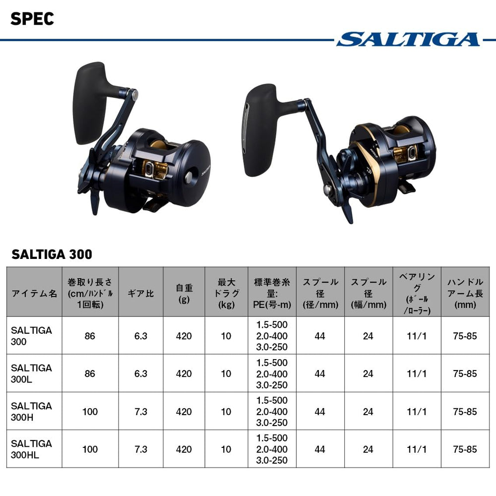 Daiwa Saltiga 300HL bearings and line capacity indicators.