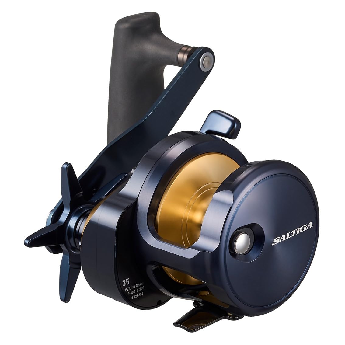Daiwa Saltiga front view; rugged jigging reel built for deep-sea battles.
