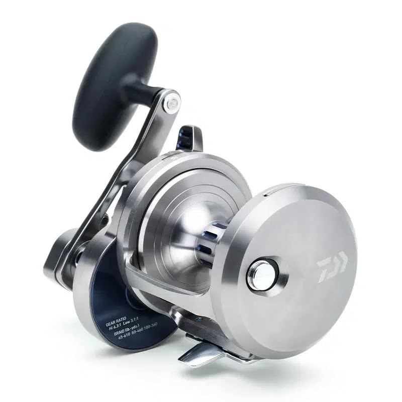 Daiwa Saltiga lever-drag 2-speed reel dial closeup shows precise adjustment.