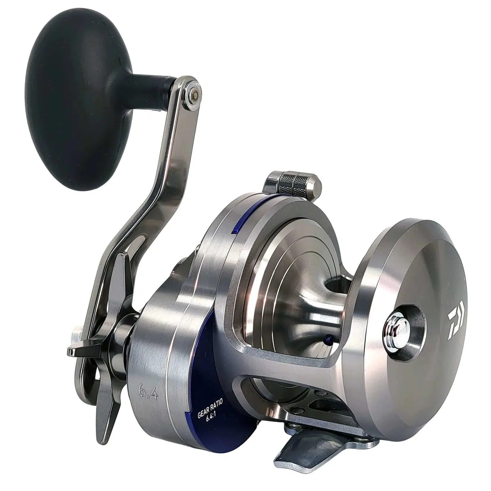 Daiwa Saltiga lever-drag 2-speed reel side profile highlighting rugged construction.