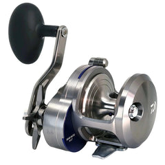 Daiwa Saltiga lever-drag 2-speed reel side profile highlighting rugged construction.