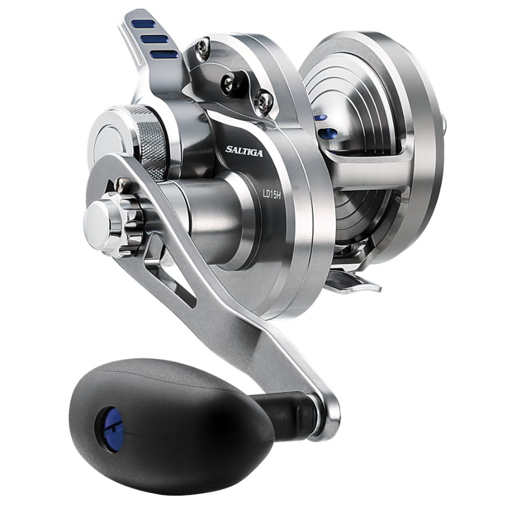 Daiwa Saltiga lever drag single-speed reel, front view, ideal for saltwater fishing