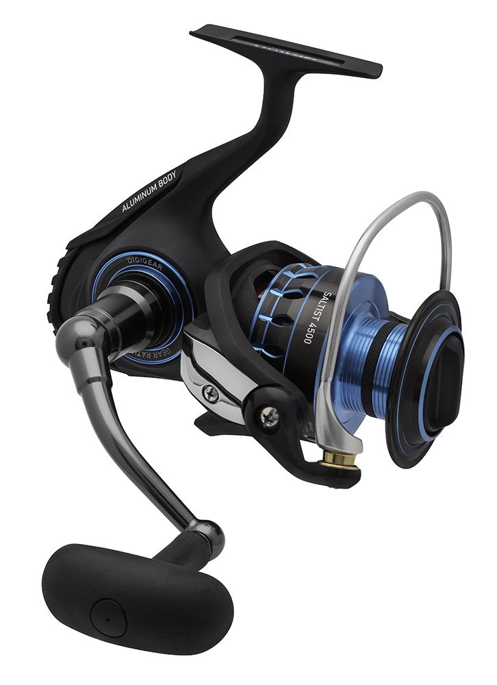 Daiwa Saltist 5.3:1 gear spinning reel for smooth saltwater casting and corrosion resistance.