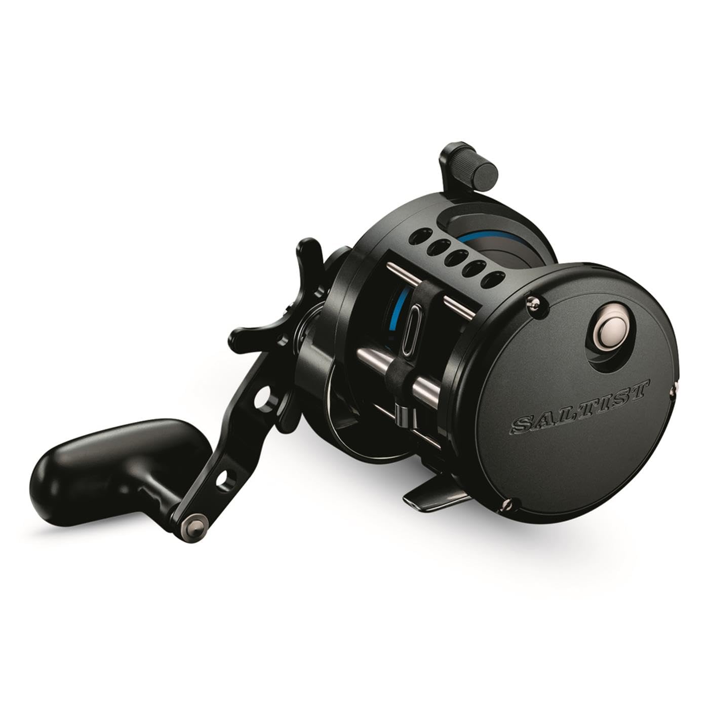 Daiwa Saltist LW Hi Speed 4 CRBB reel side view, showing ergonomic handle and premium bearings