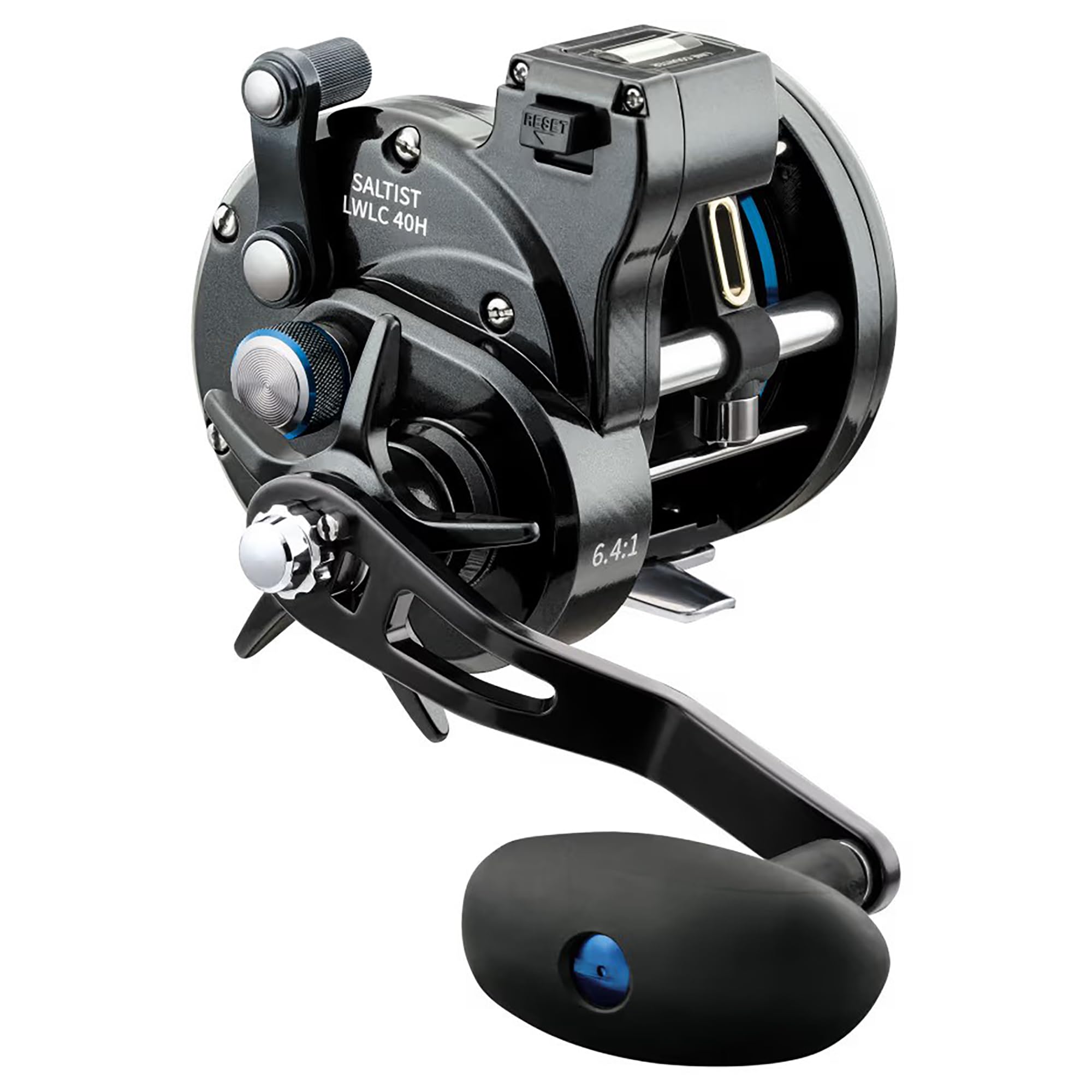 Daiwa Saltist LW line counter reel close-up showing precise depth readouts for trolling
