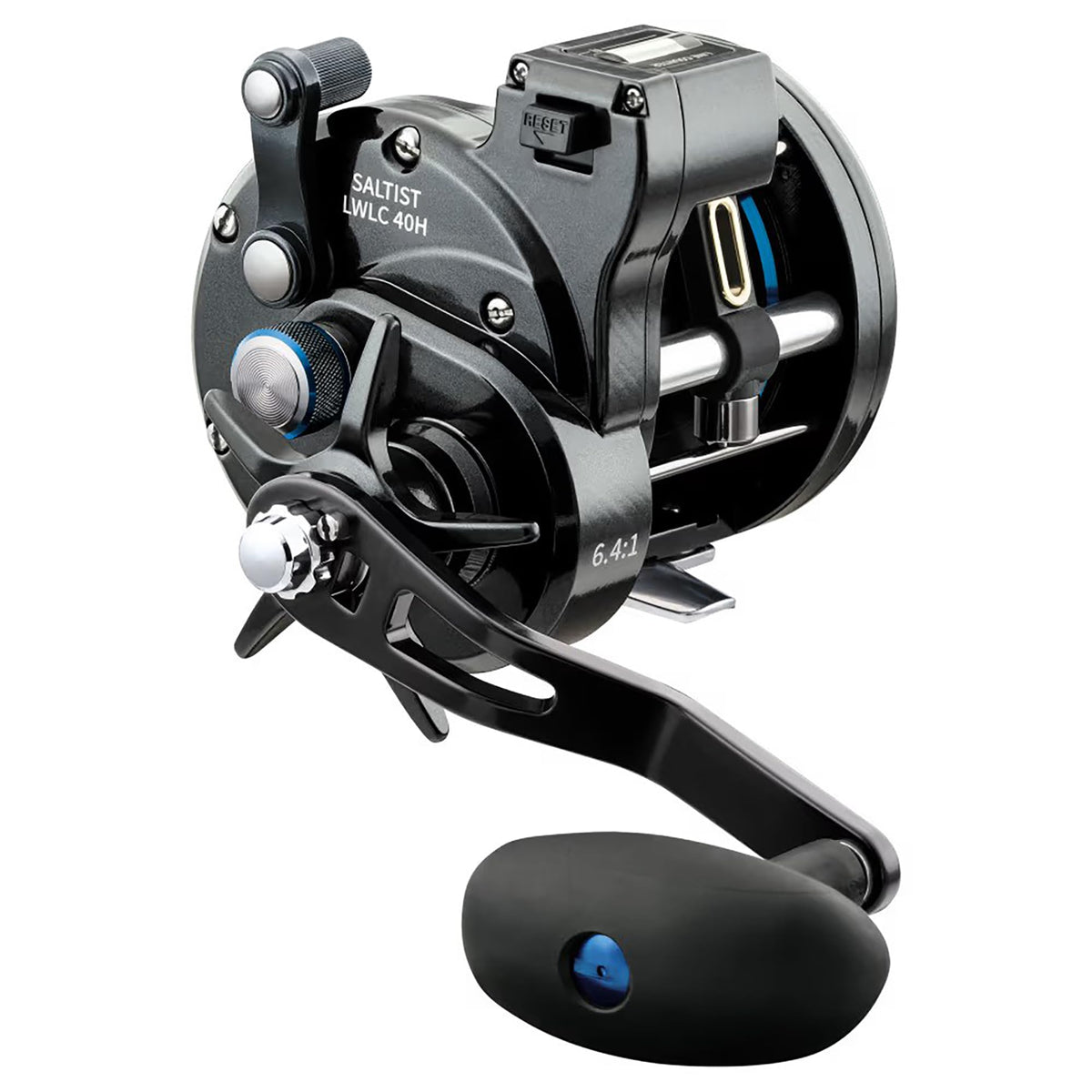 Daiwa Saltist LW line counter reel close-up showing precise depth readouts for trolling