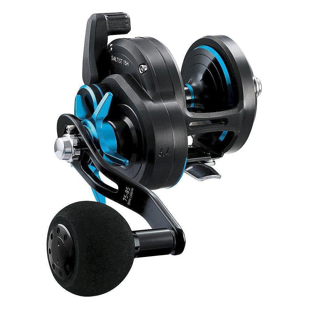 Daiwa Saltist35H reel side profile shows compact, balanced jigging design.