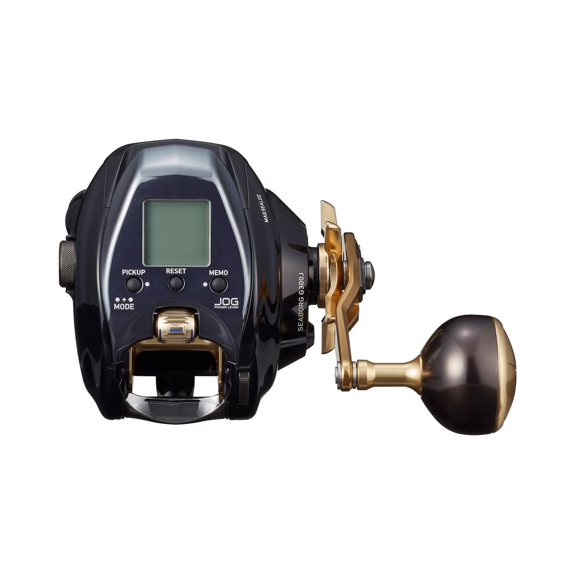 Daiwa Seaborg G300J winding handle closeup for smooth reeling